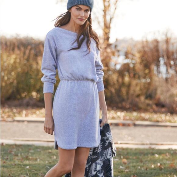 ANTHROPOLOGIE Daily Practice Off-The-Shoulder Velvet Mini Dress Gray Size Large - Picture 1 of 6